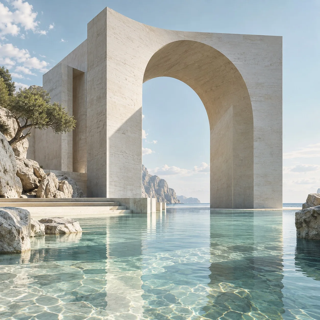 The same sculptural architecture in a cool evening treatment