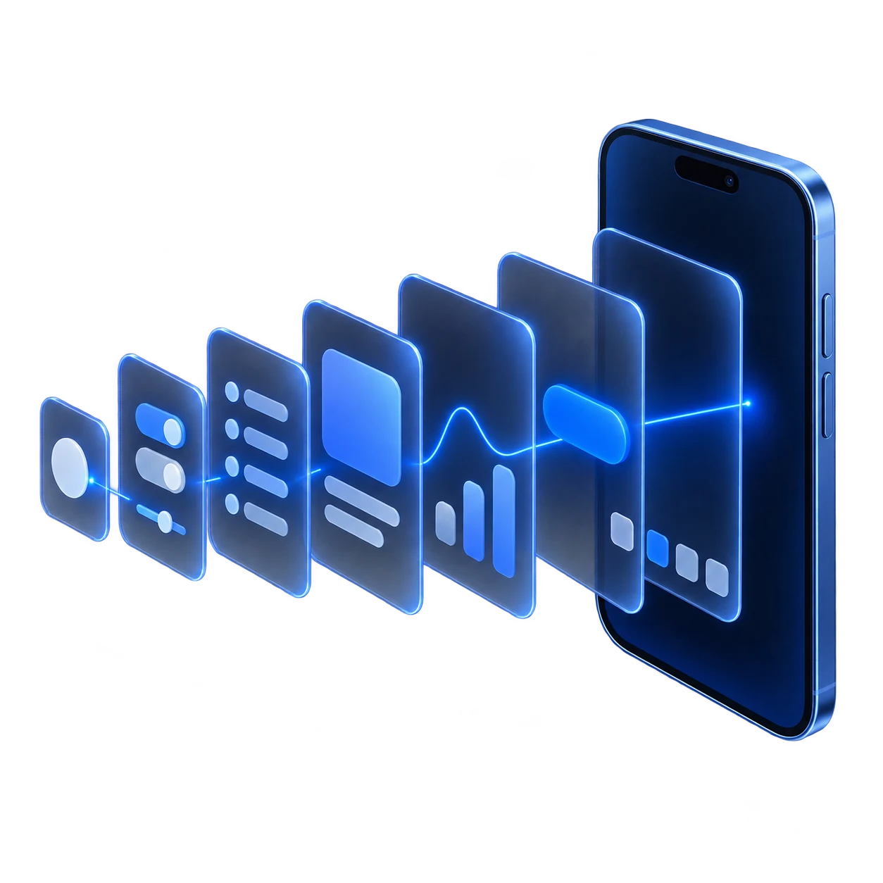 A smartphone with its app interface lifted out into floating glass layers, one calm pulse line running through every layer