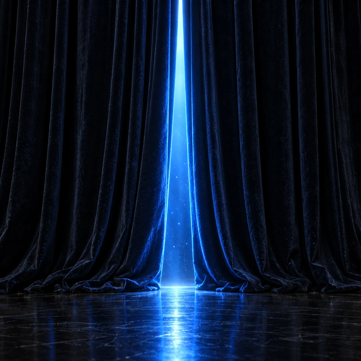 A heavy midnight-blue velvet curtain, parted a few centimetres, with electric blue light pouring through the gap