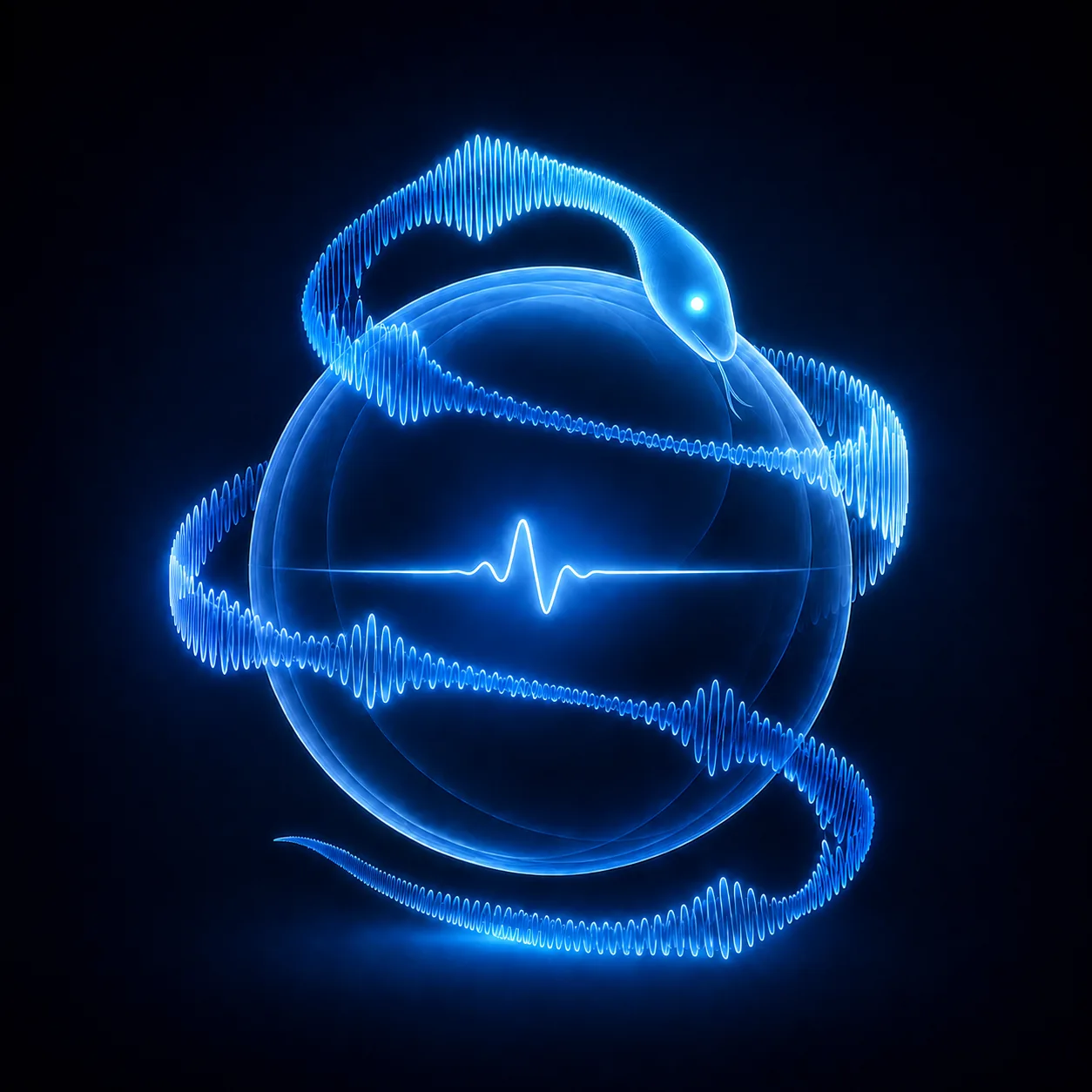 MedAI artwork: a luminous blue medical serpent encircles a glass sphere with a heartbeat trace