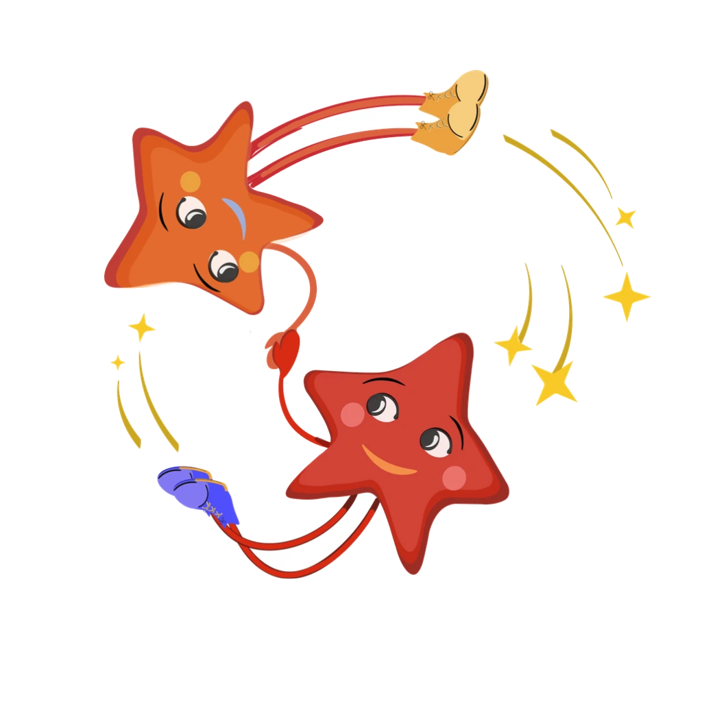 Two playful star characters holding hands